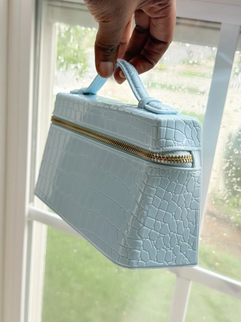 Light Blue Croc-Embossed Top-Handle Cosmetic Case
